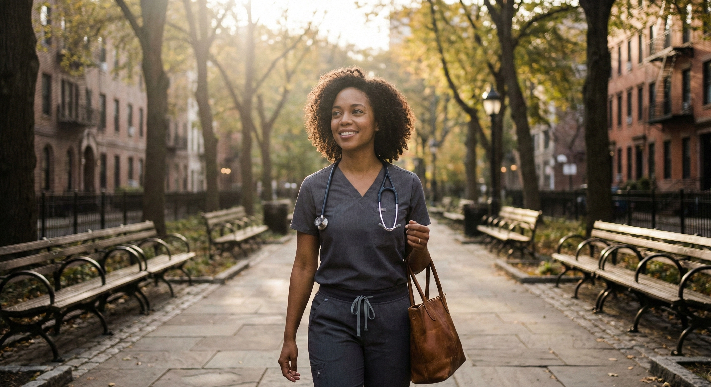 Healthcare professional walking outside