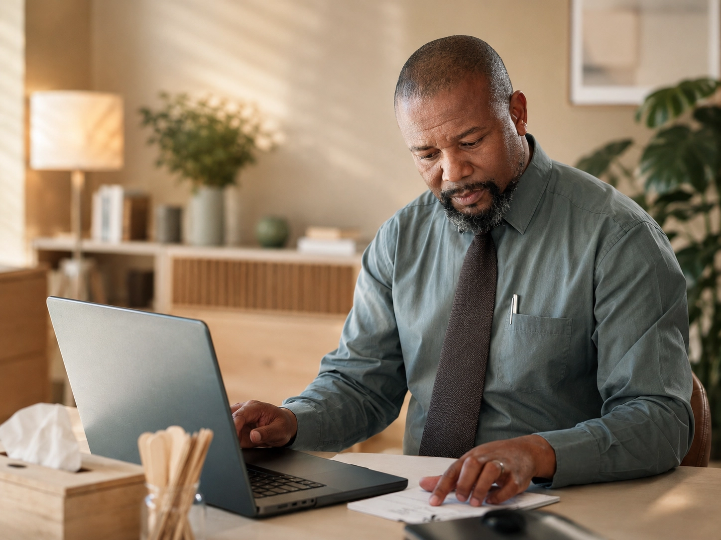 Healthcare leader reviewing work on a laptop